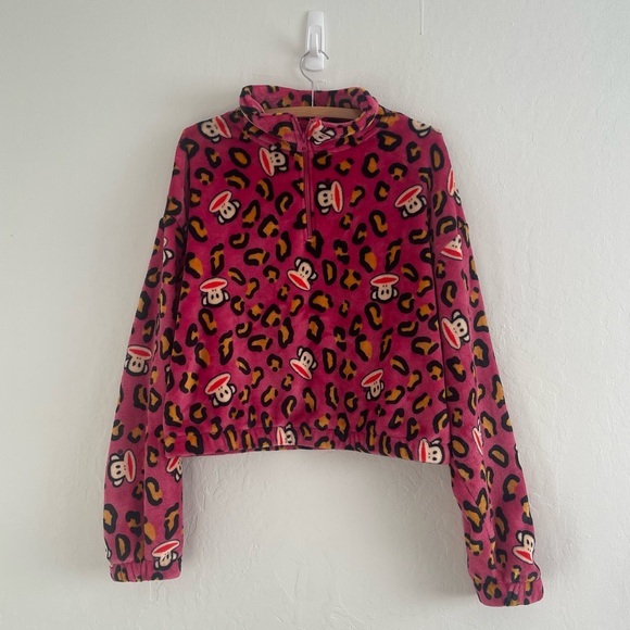 Paul Frank Tops - Paul Frank Retro Monkey Leopard Print Plush Pink Quater Zip Pullover Size Medium